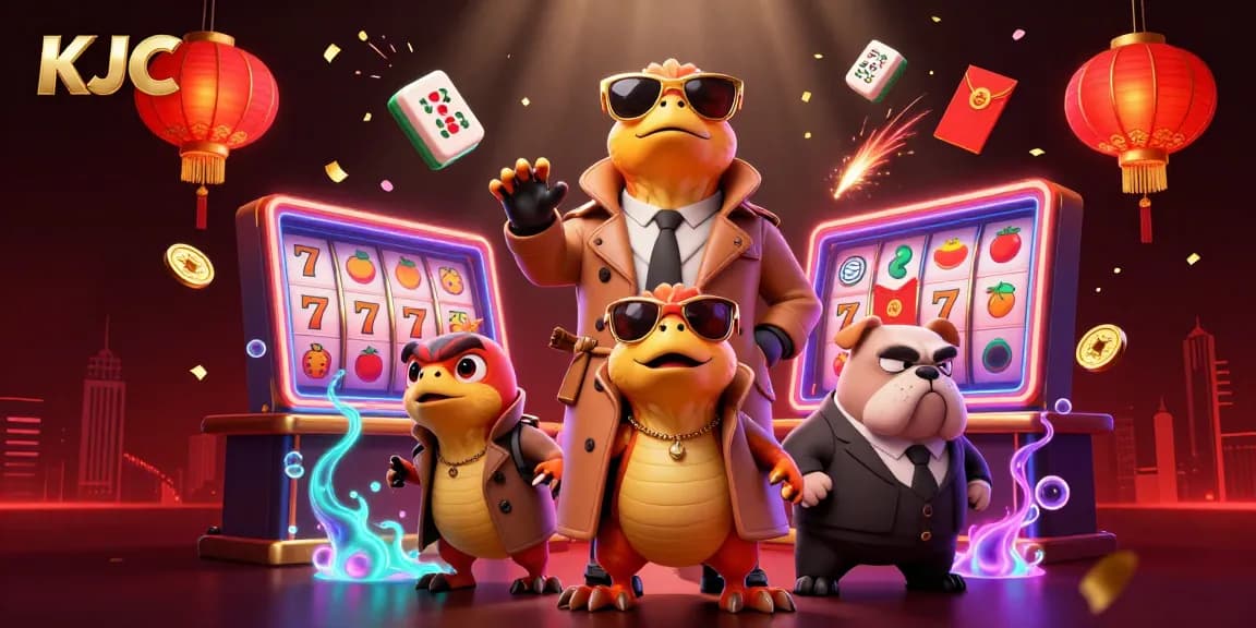 KJC raptors entering a VIP casino lounge amidst dynamic gaming symbols and rich visuals.