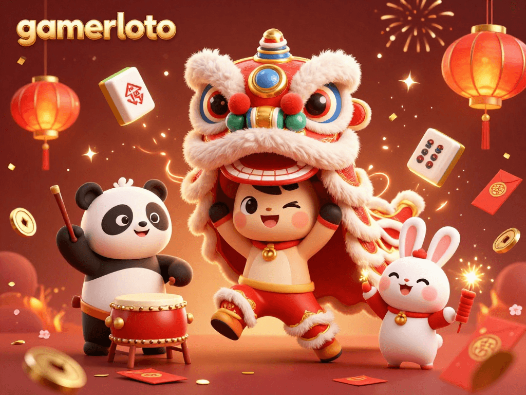 Experience the vibrant energy of gamerloto in this dynamic casino-themed 3D illustration featuring festive characters and gaming elements.