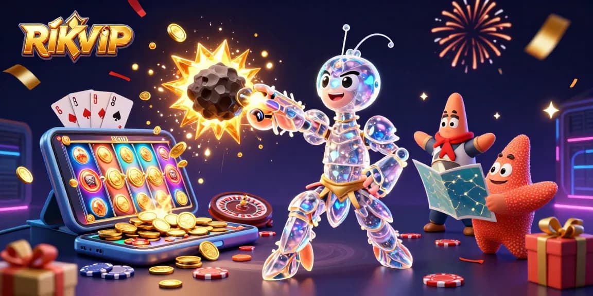 RIKVIP features a galactic samurai mantis shrimp celebrating wins with coins and slots in a cosmic setting.