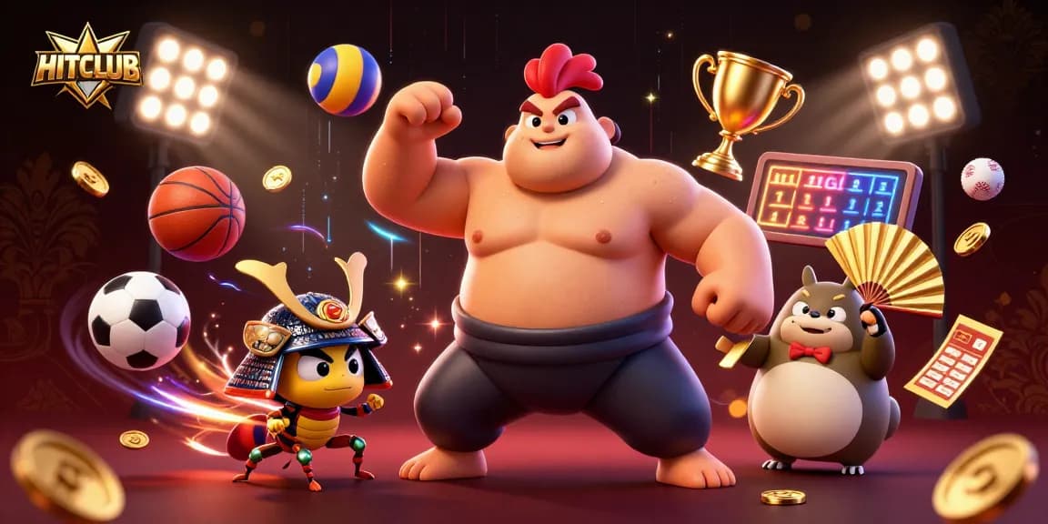 Engage in thrilling gameplay at HITCLUB with dynamic casino action featuring a sumo rooster and samurai cricket.