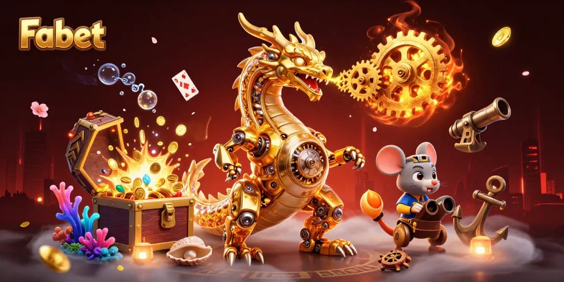 Fabet showcases a vibrant illustration of a golden dragon amid a treasure-filled underwater realm.