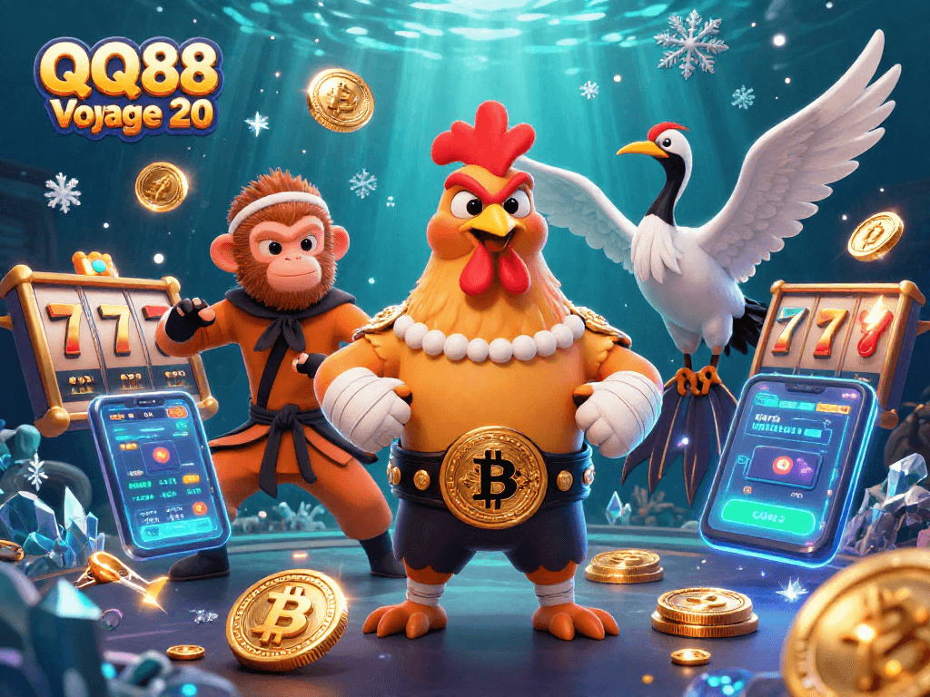 Join the action with QQ88 Voyage 20's vibrant casino experience featuring a Muay Thai rooster and gaming elements.