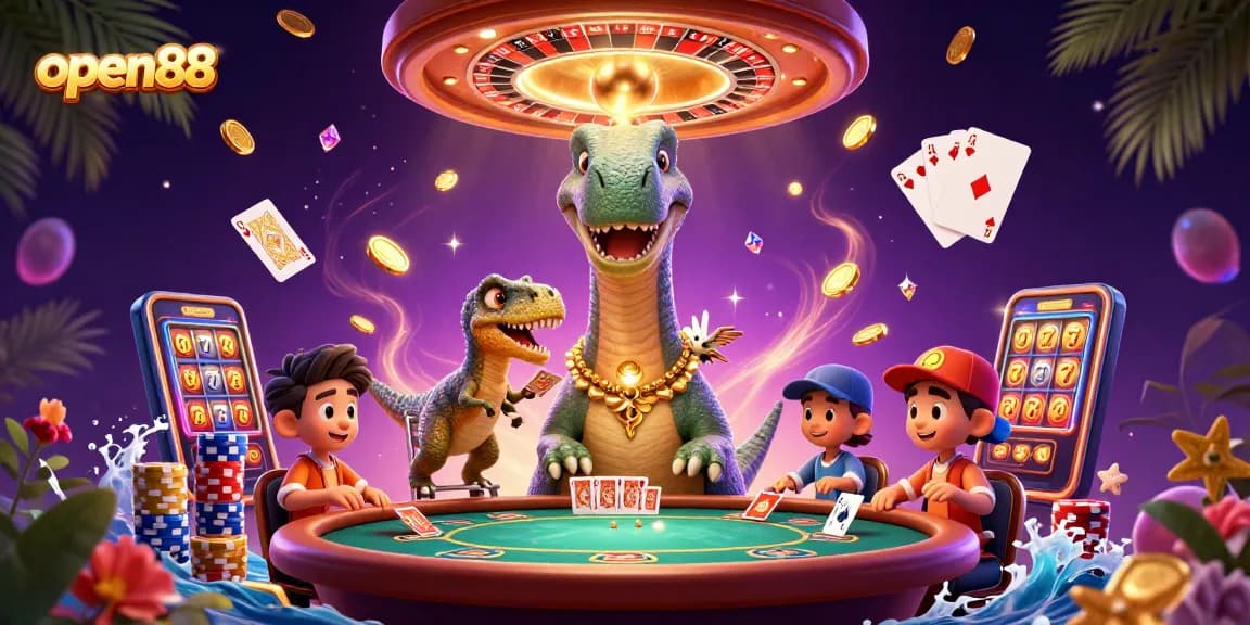 Join the open88 adventure with a brontosaurus at a poker table in this dynamic casino scene.