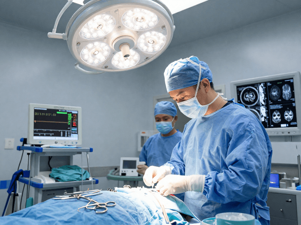 Bel kayması ameliyatı in a surgical room highlighting preparation with sterile environment and professional medical team.