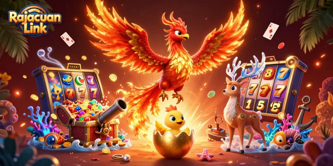 Rajacuan Link menampilkan phoenix berapi dan elemen permainan slot yang memikat