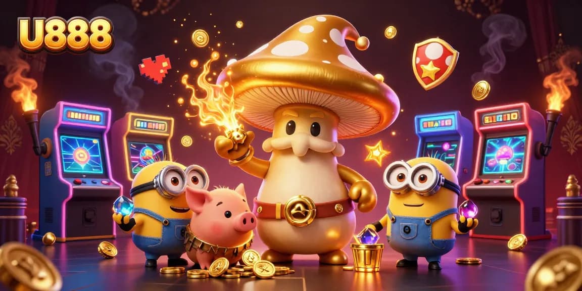 U888 offers a vibrant gaming experience with gold and treasure elements in a whimsical casino design.