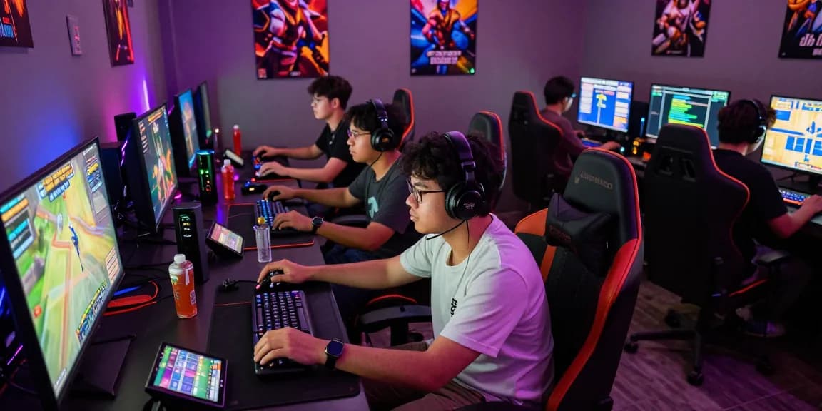 Exciting gaming lounge with friends playing slot jepang, colorful LED lights, and dynamic screens.
