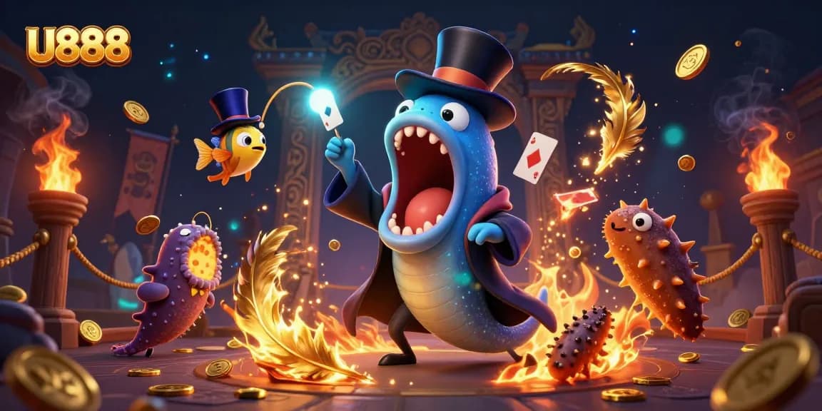 U888 gamblers enjoy vibrant underwater casino scene with a magic act featuring sea creatures and gold coins.