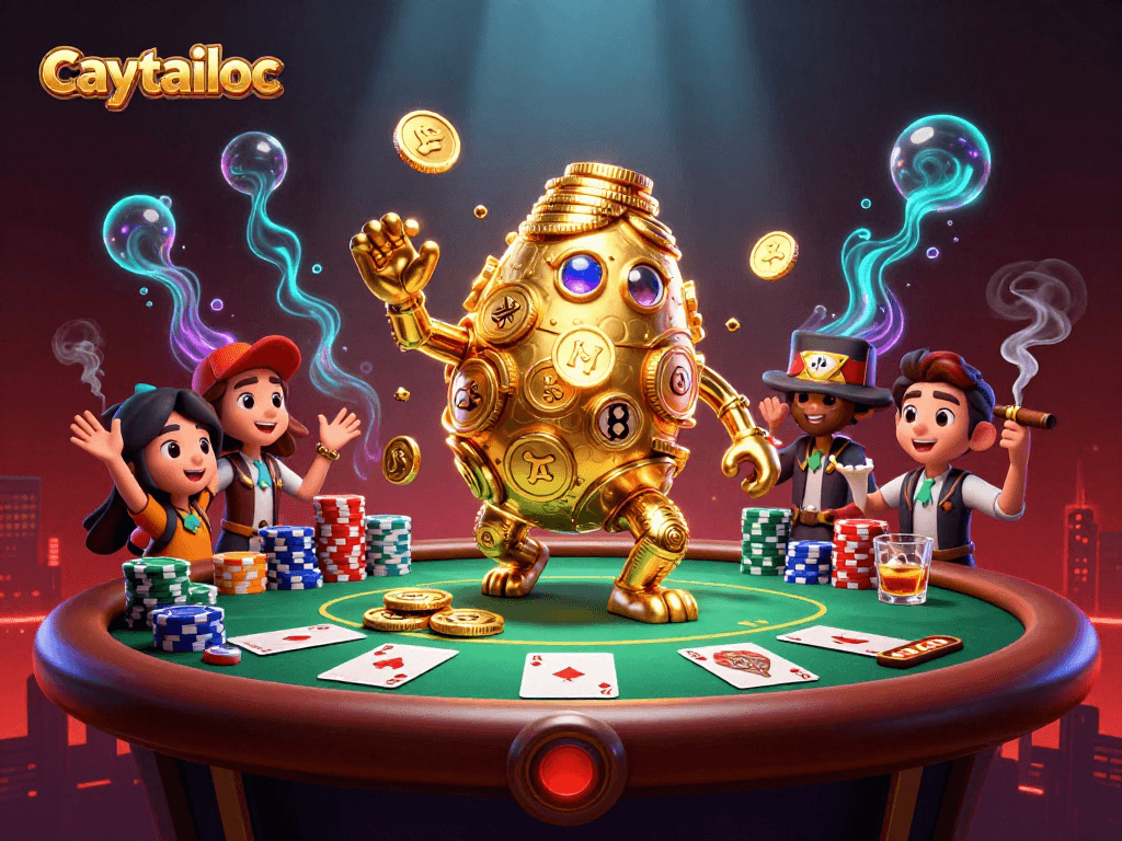 Experience the excitement of caytailoc with a vibrant 3D illustration showcasing a golden golem amidst casino games and poker elements.