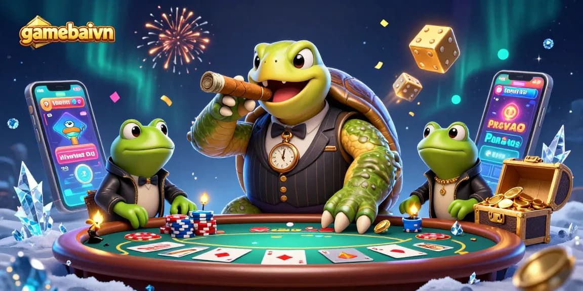 Gamebaivn showcases a vibrant 3D poker scene with a turtle dealer and bullfrog enforcers.