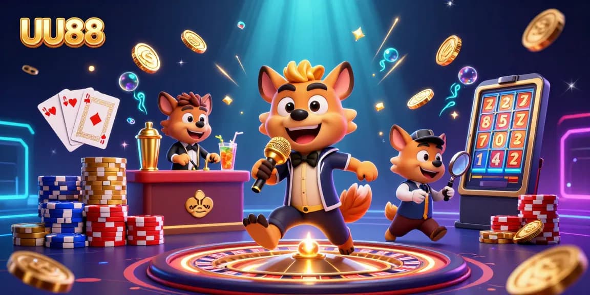 Engage with the exciting atmosphere of UU88's casino world featuring colorful characters and dynamic casino elements.