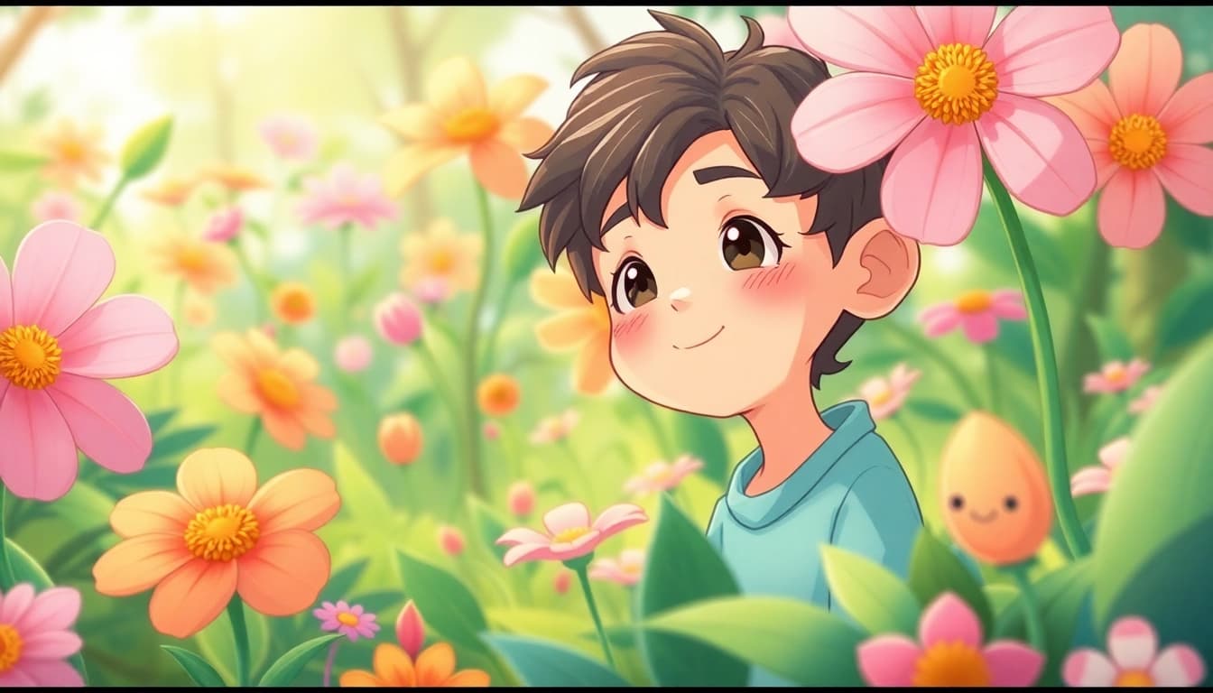 마나토끼 모험을 그린 환상적인 웹툰 이미지로, 다채로운 꽃과 생물로 가득찬 숲의 한 장면.