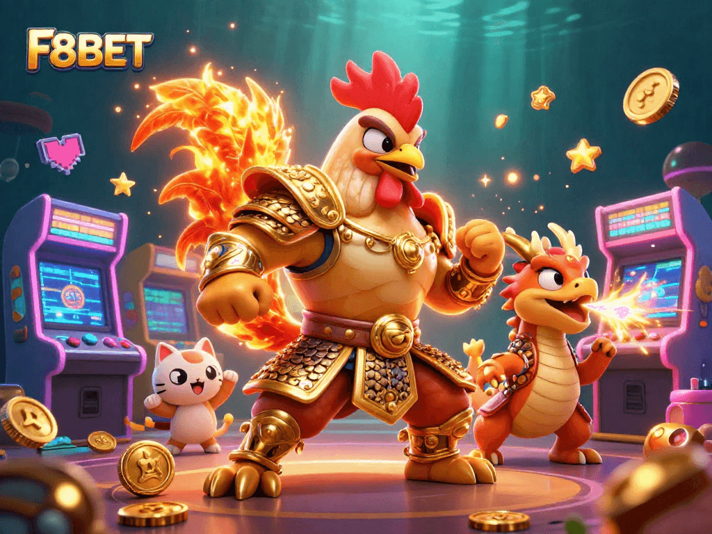Join F8BET’s thrilling gaming adventure featuring a warrior rooster, dragon hatchling, and arcade elements!