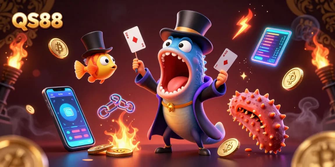 Engage with the magic of QS88 casino showcasing vibrant card tricks and crypto elements.