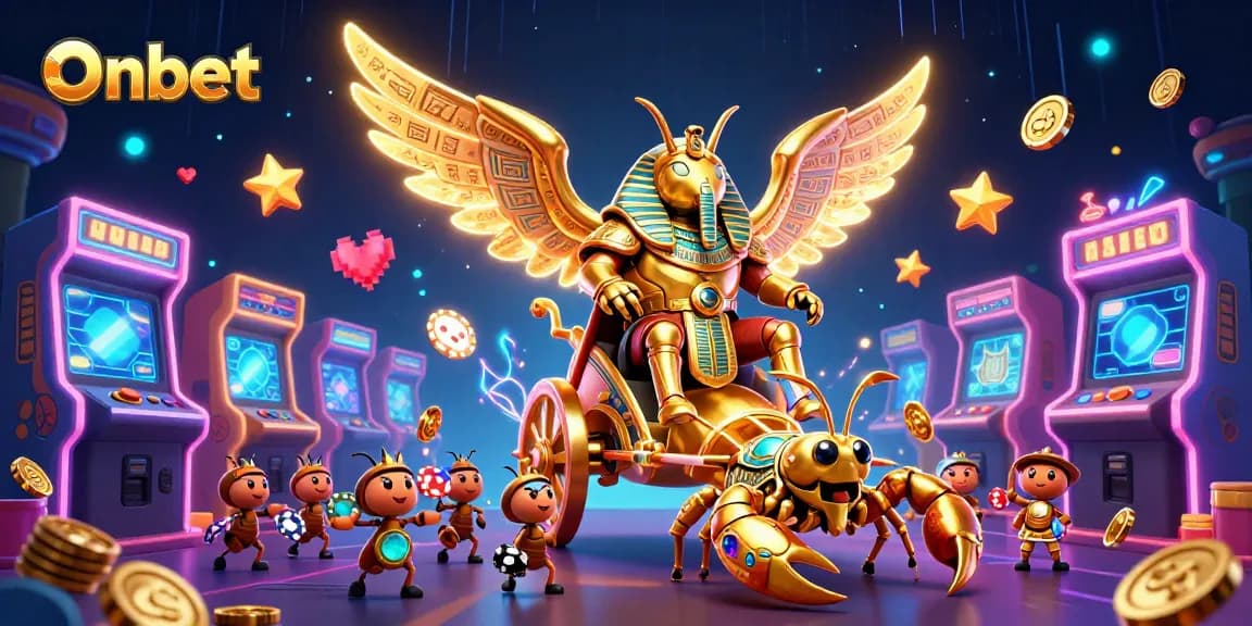 Onbet showcases a dynamic 3D casino scene with vibrant gaming elements and characters.