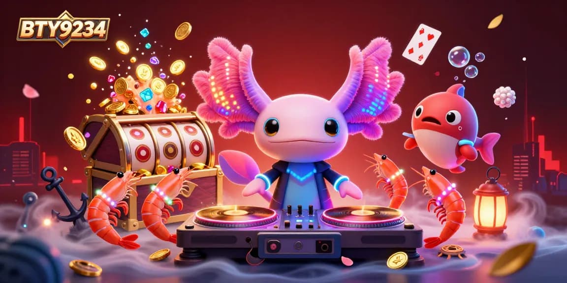Join the vibrant BTY9234 casino scene with an axolotl DJ spinning excitement and treasure galore!