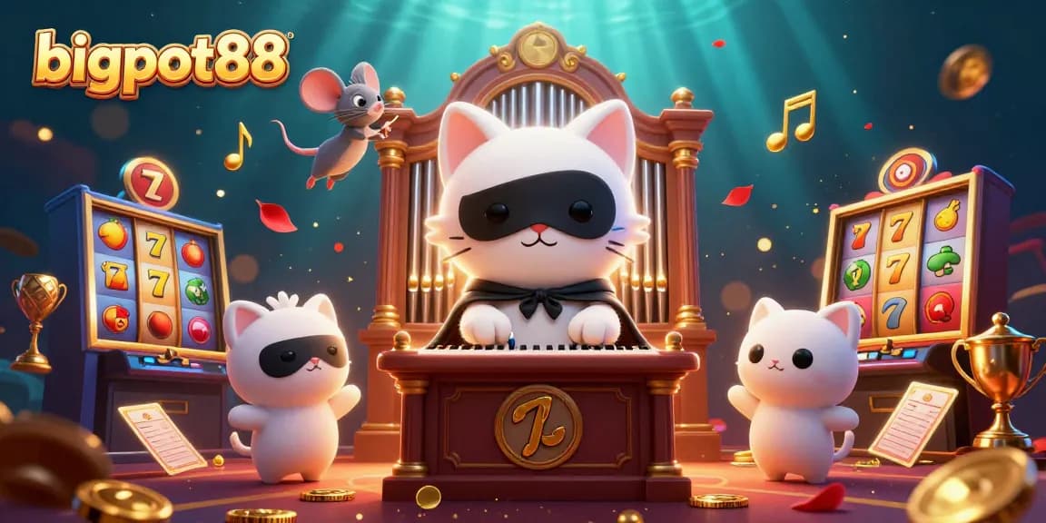 Karakter utama bigpot88 dengan koin emas dan slot mesin yang berputar di kasino, menyajikan suasana menang yang menggembirakan.