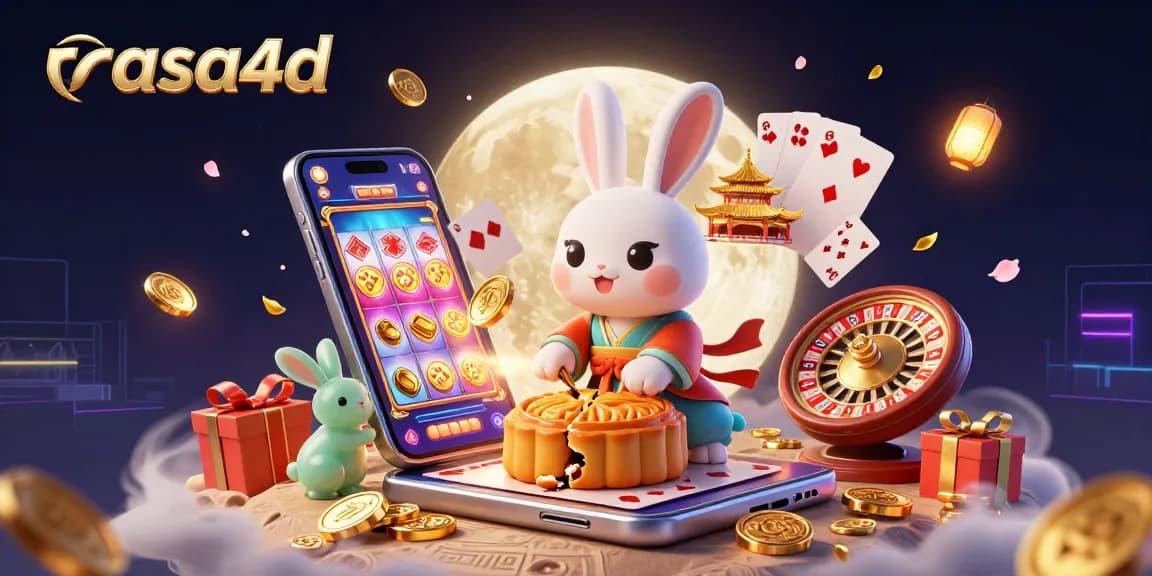 Rasa4d menghadirkan suasana kasino virtual dengan kelinci bulan memukul kue bulan, simbol poker mencuat.