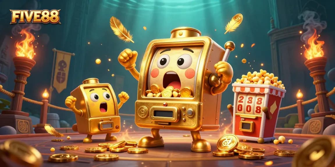 Experience FIVE88's thrilling jackpot moment with a dynamic, cartoonish golden slot machine and lively scene.