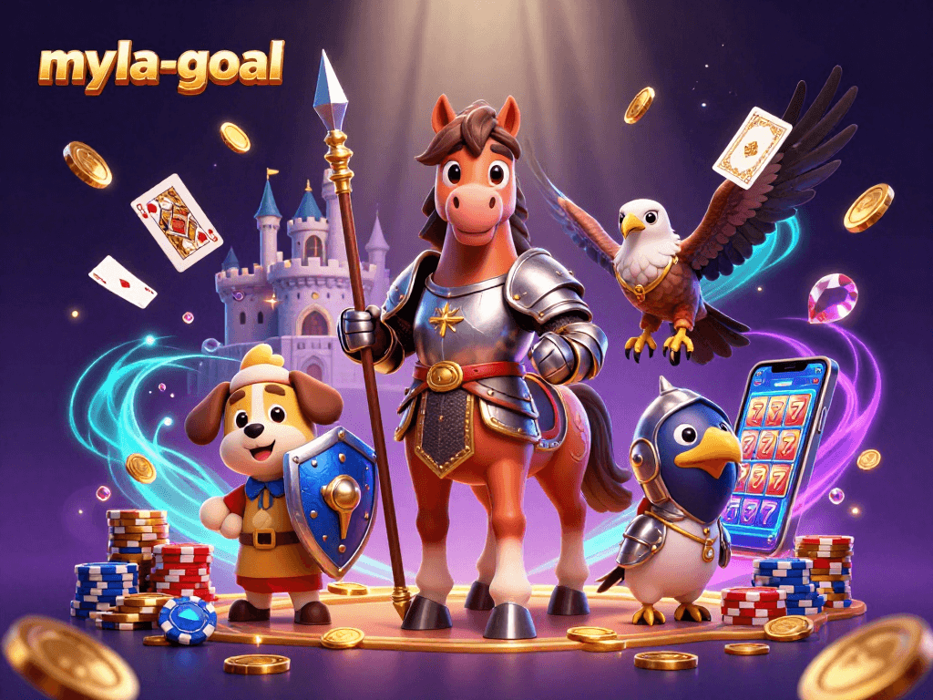 Engage with myla-goal's immersive gameplay featuring a knight, puppy, and falcon amid vibrant casino elements.