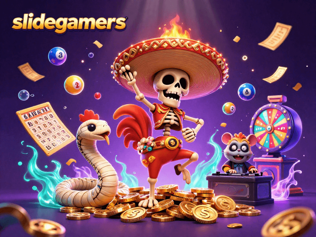 Engage with slidegamers in this vibrant 3D scene, blending a mariachi rooster and dynamic game elements.