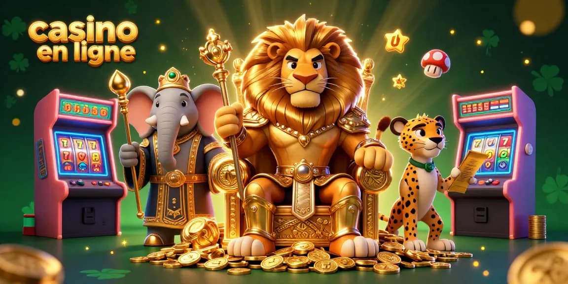 Des personnages animés représentant un casino en ligne, avec un roi lion assis sur un trône de pièces d'or.