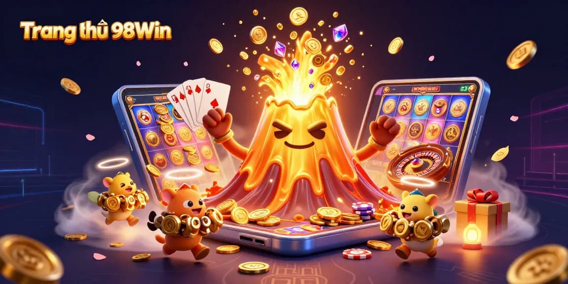 Experience the excitement at Trang chủ 98Win with a golden volcano erupting treasures in a dynamic casino scene.