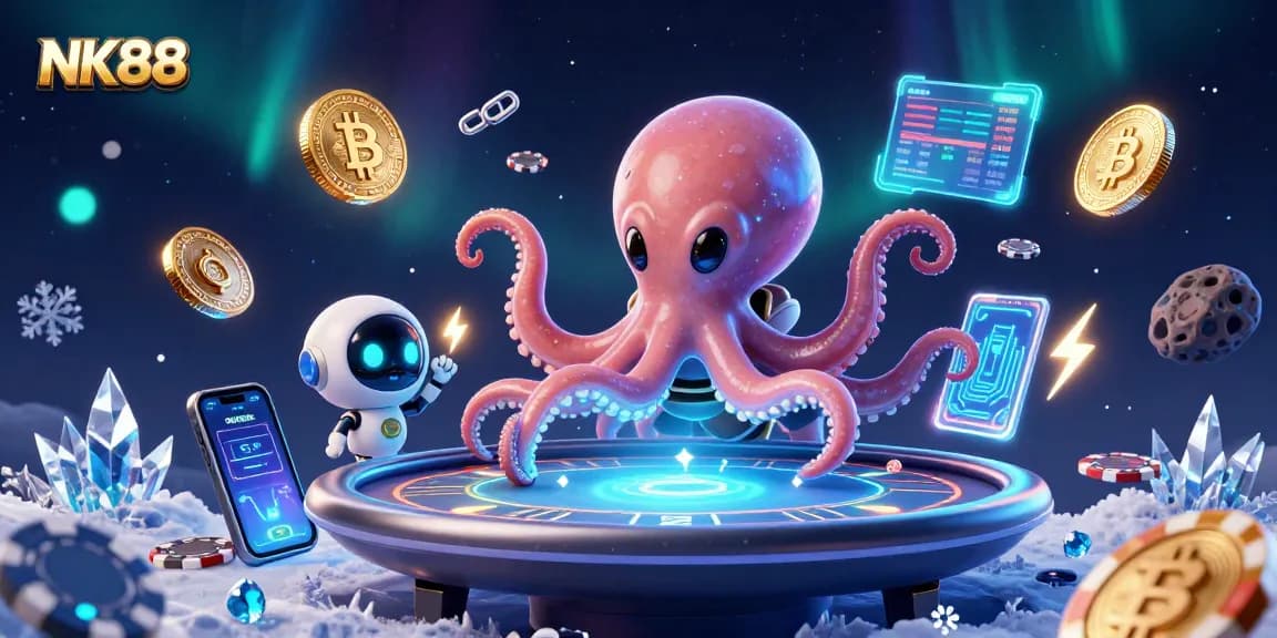Engage in turbocharged poker at NK88 with the alien octopus and robot amidst vibrant casino elements.