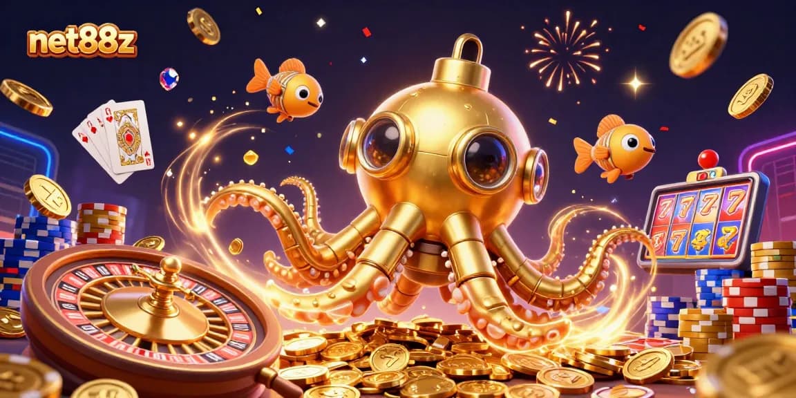 Experience thrilling wins with net88z's vibrant casino-themed illustration featuring a kraken!