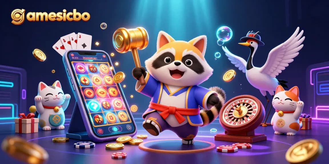Play Sicbo at gamesicbo with exciting raccoon character, golden coins, and colorful casino elements.