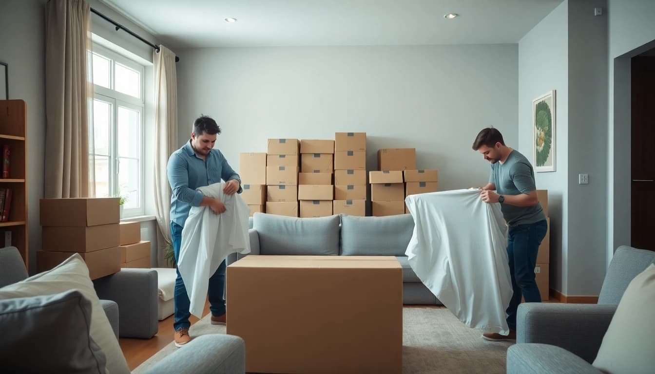 Professional Packing Services with skilled packers organizing and wrapping items in a modern home setting.