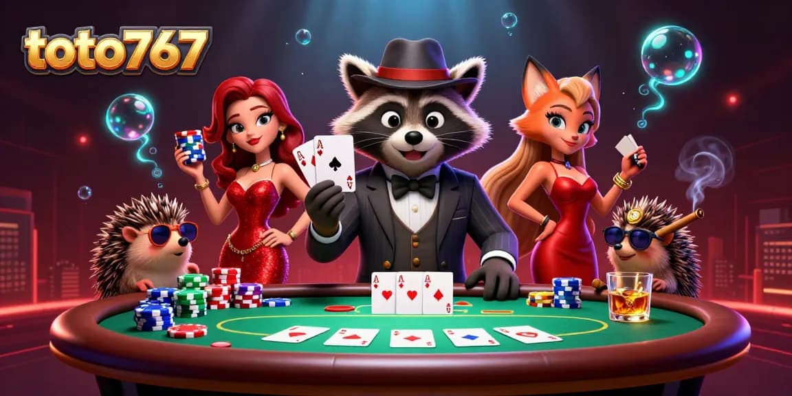 Gambar ilustrasi 3D dari toto767 dengan karakter kartun di meja poker, menampilkan suasana perjudian yang dinamis.