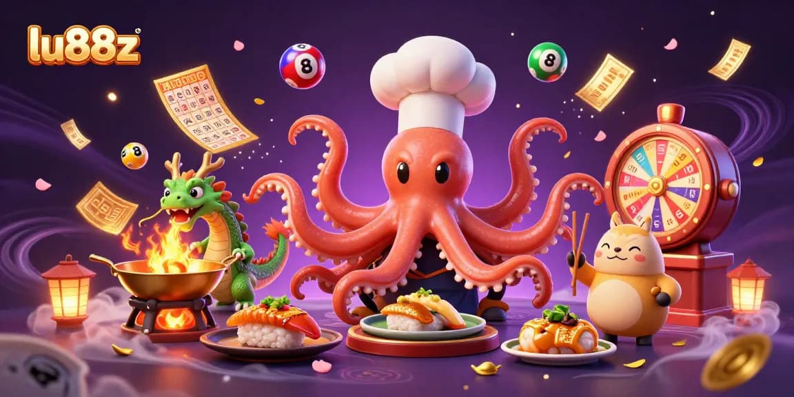 Experience the excitement of lu88z in this vibrant casino illustration featuring an octopus chef and lottery elements.