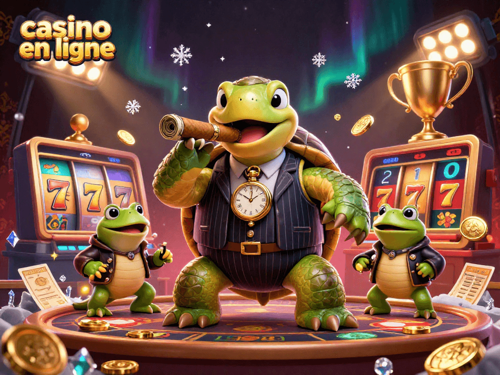Plongez dans l'univers du casino en ligne avec cette illustration humoristique mettant en scène une tortue et des grenouilles en ambiance de jeu.