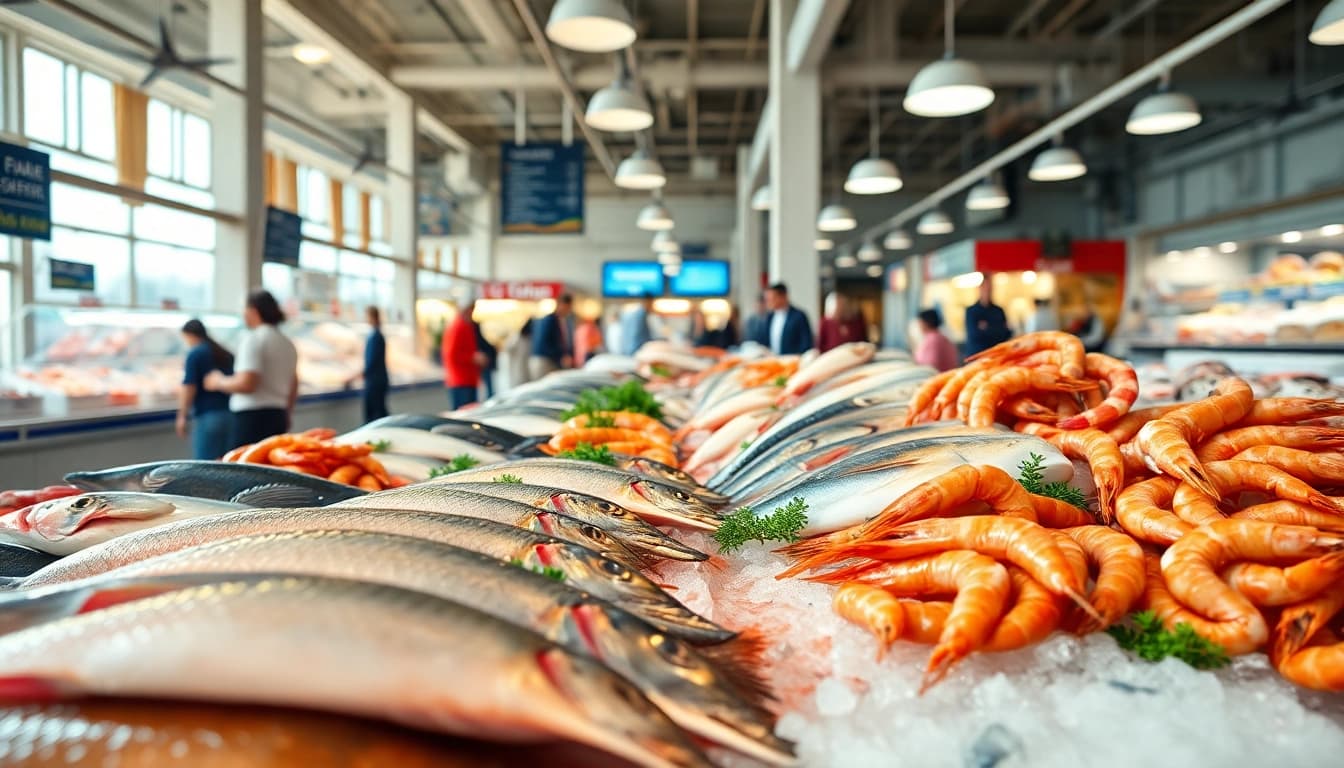 Showcasing premium seafood exporter offerings with fresh fish and shellfish at a vibrant market.