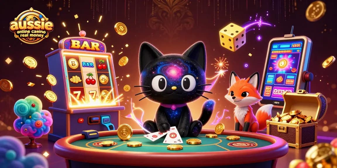 Engage with the aussie online casino real money scene of a vibrant cosmic casino game with celestial characters.