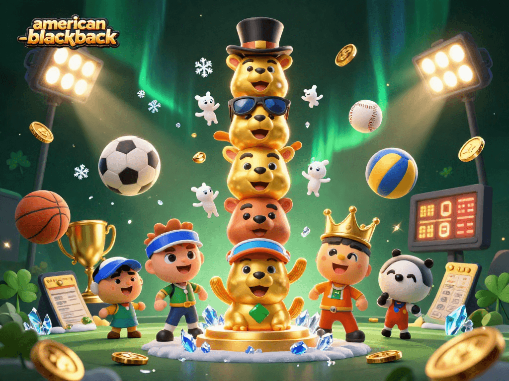 Engage with American Blackjack featuring an animated totem pole surrounded by dynamic sports elements and gold coins.