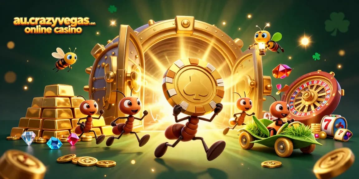 Join the heist at au.crazyvegas.com online casino with cartoon ants carrying a giant poker chip!