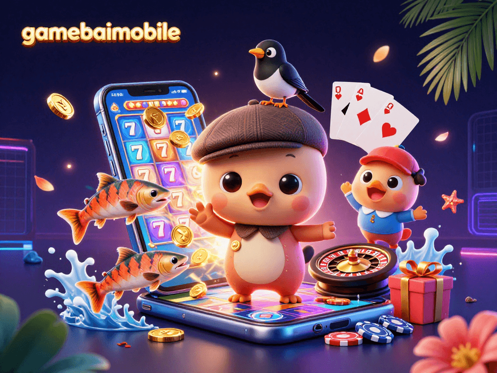 Engage with gamebaimobile's playful 3D cartoon scene featuring a baby Nessie, gaming elements, and vibrant colors.