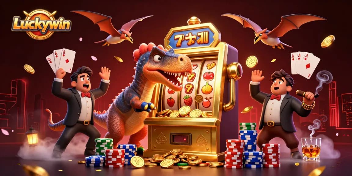Luckywin features a pachycephalosaurus and slot machine in a vibrant casino scene.