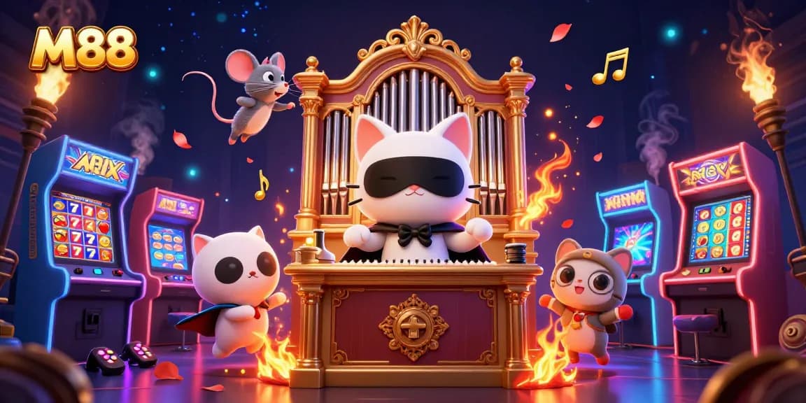 Engage in thrilling gaming experiences at M88 with vibrant slot reels, a phantom cat, and a whimsical mouse acrobat.