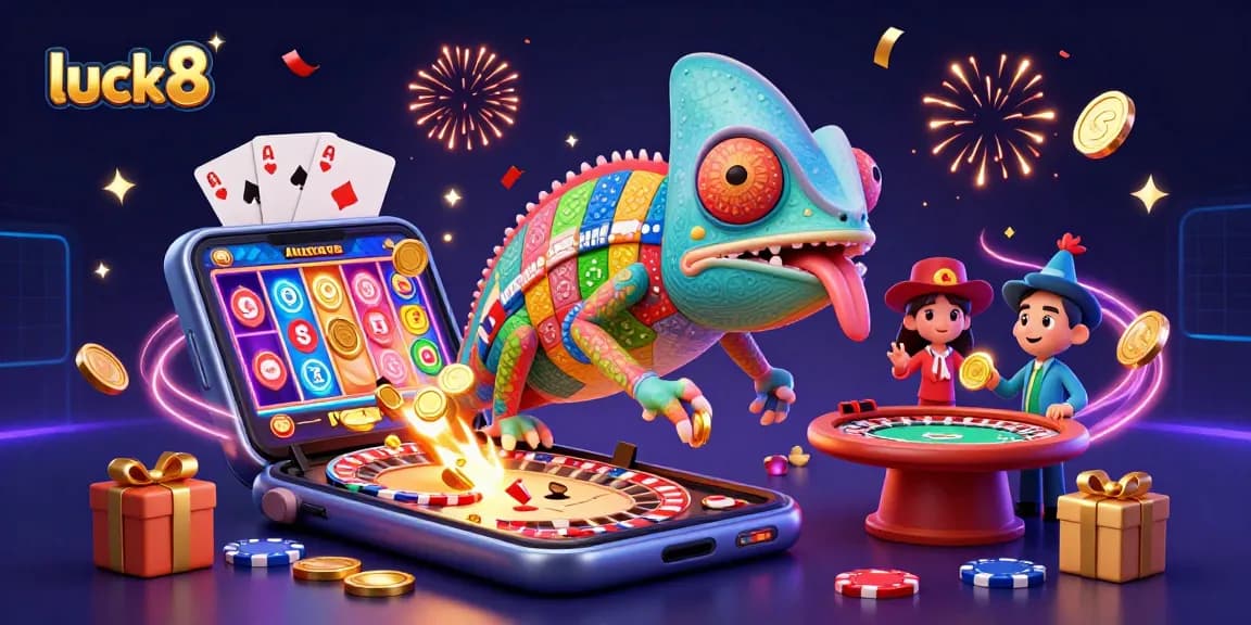Engage with luck8 by enjoying vibrant gaming adventures, featuring a colorful chameleon casino owner amid casino action.