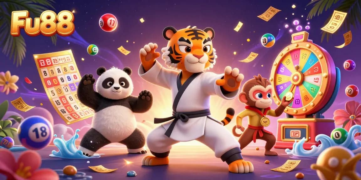 Engage in thrilling lottery excitement with Fu88 as cartoon characters interact amidst vibrant game elements.