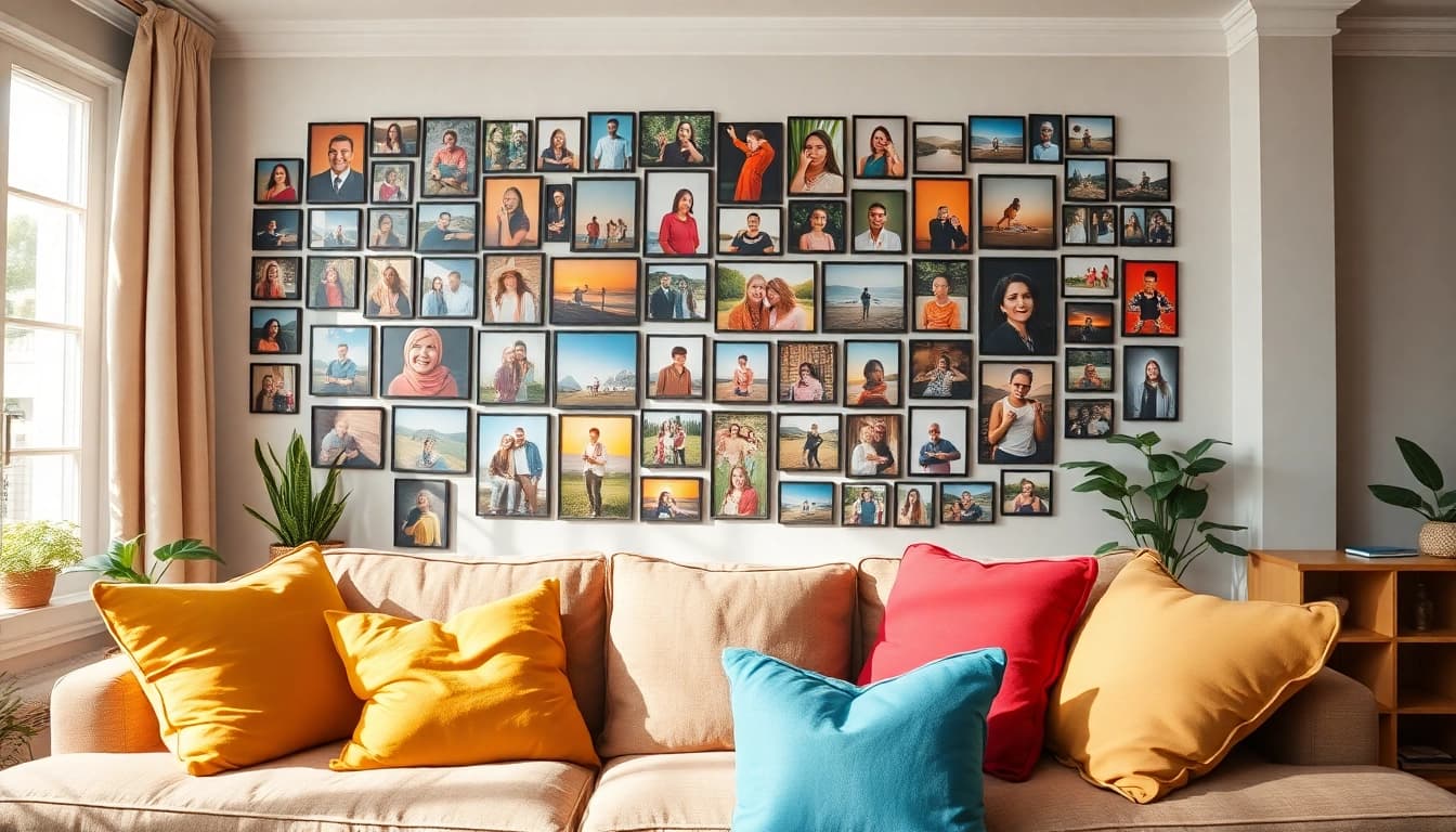 Bright photo wall showcasing diverse memories in a cozy setting.