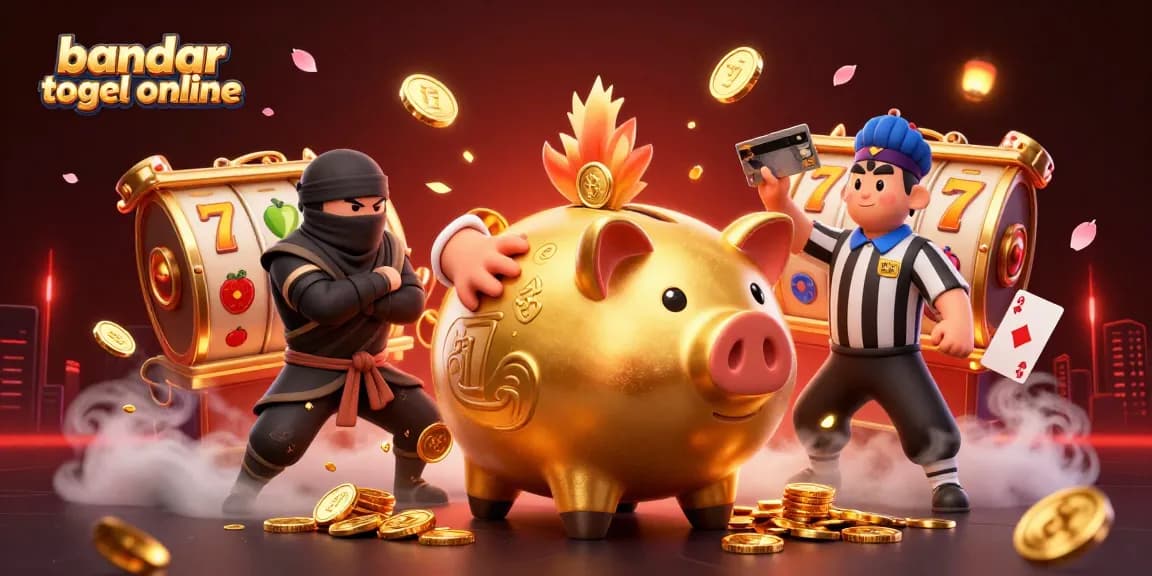 Engage in bandar togel online with a lively scene featuring a golden piggy bank sumo wrestler and vibrant gaming symbols.