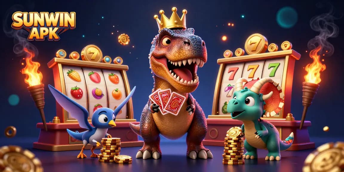 Experience the thrill of SUNWIN APK with a T-Rex shuffling cards amidst bright slot game action.