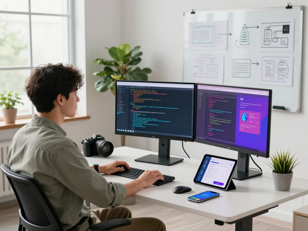 Developer coding AI gf algorithms in modern workspace setting