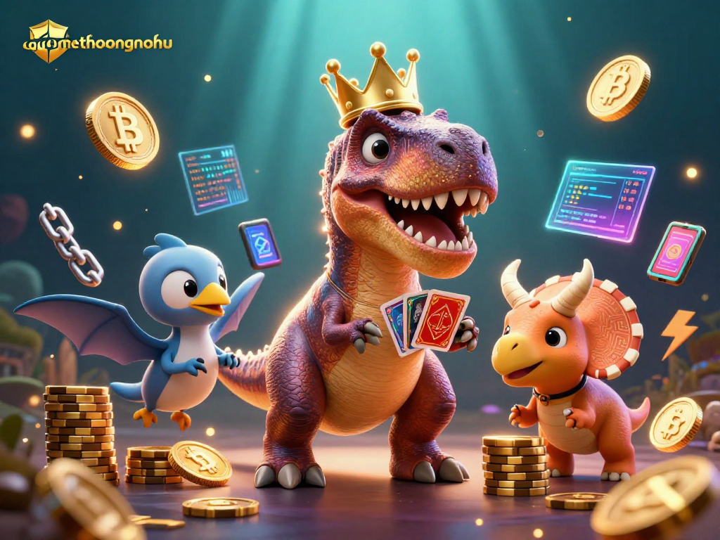 Experience thrilling gameplay with gamethuongnohu's vibrant 3D casino scene featuring dinosaurs and crypto elements.