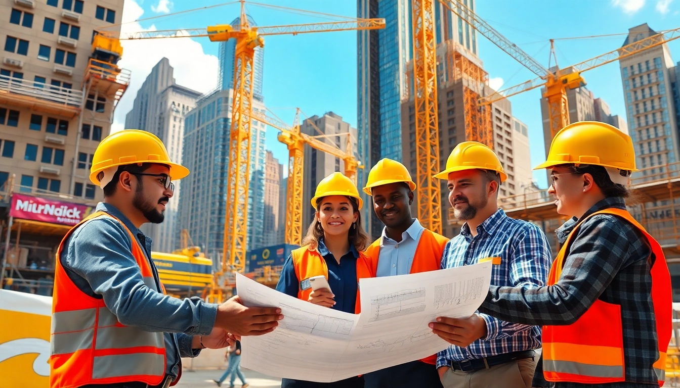 Show a professional New York City Commercial General Contractor team at a construction site, emphasizing collaboration.
