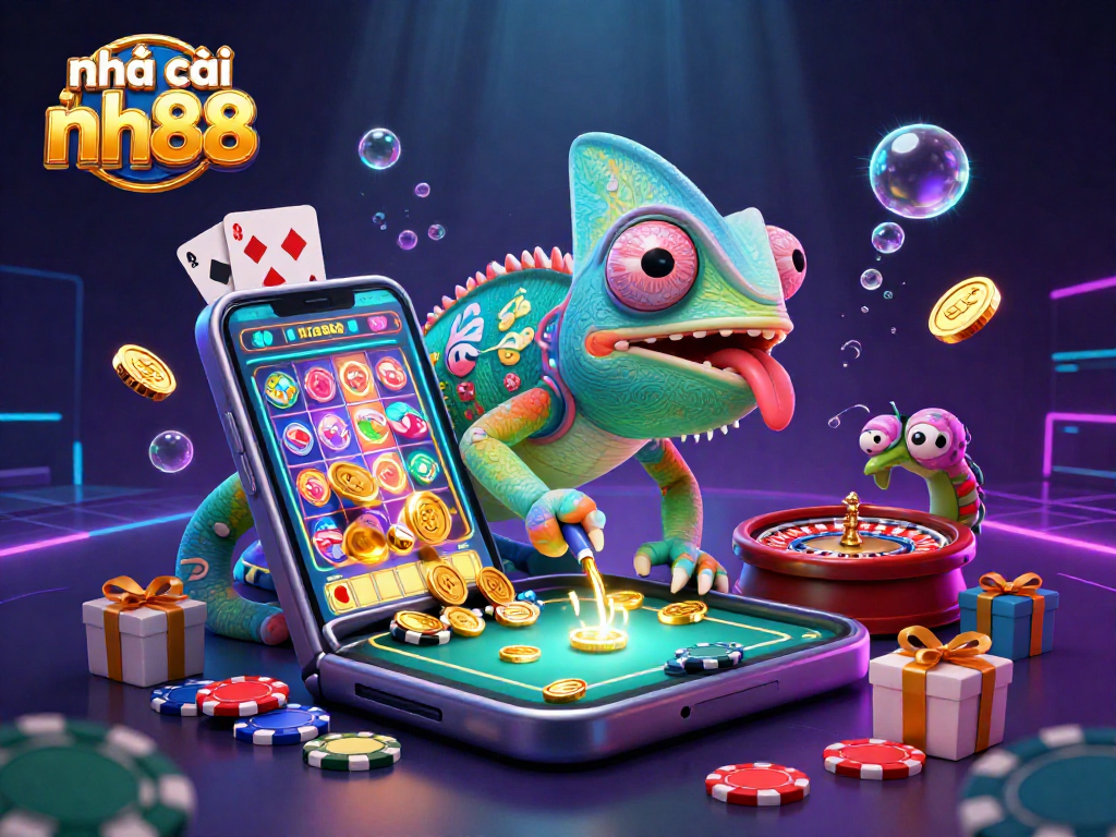 Experience interactive gaming at nhà cái nh88 with vibrant 3D illustrations of exciting casino elements.